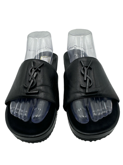 Saint Laurent Shoe Size 37.5 Black Leather & Rubber Slide Logo Sandals Black / 37.5
