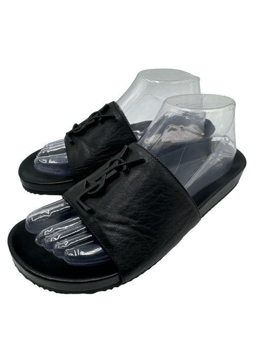 Saint Laurent Shoe Size 37.5 Black Leather & Rubber Slide Logo Sandals Black / 37.5