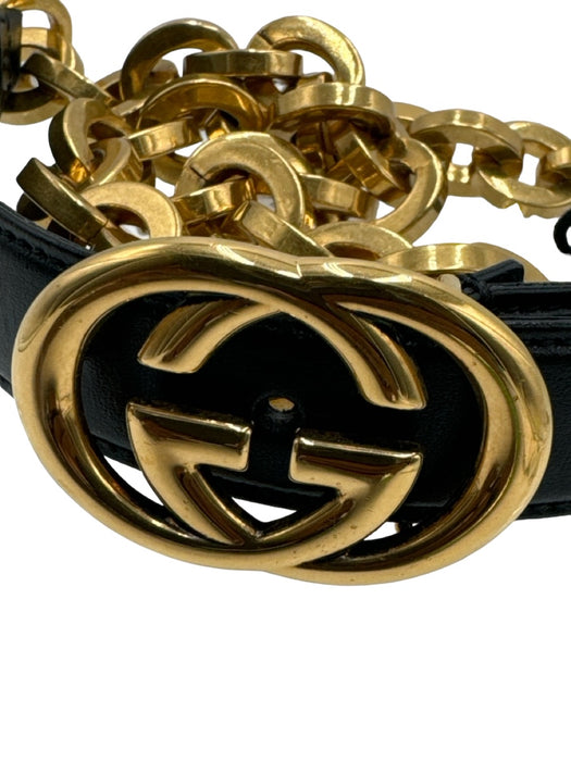 Gucci Black & Gold Leather Chain Thin Logo Buckle Belts Black & Gold / 34