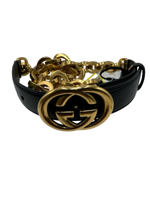 Gucci Black & Gold Leather Chain Thin Logo Buckle Belts Black & Gold / 34