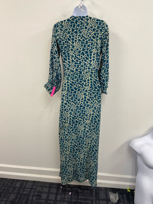 Natalie Martin Size XS White & Blue Silk Long Sleeve All Over Print Wrap Dress