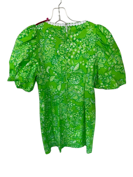 Lilly Pulitzer Size 4 Green Cotton Blend Puff Sleeves Floral White Trim Dress Green / 4