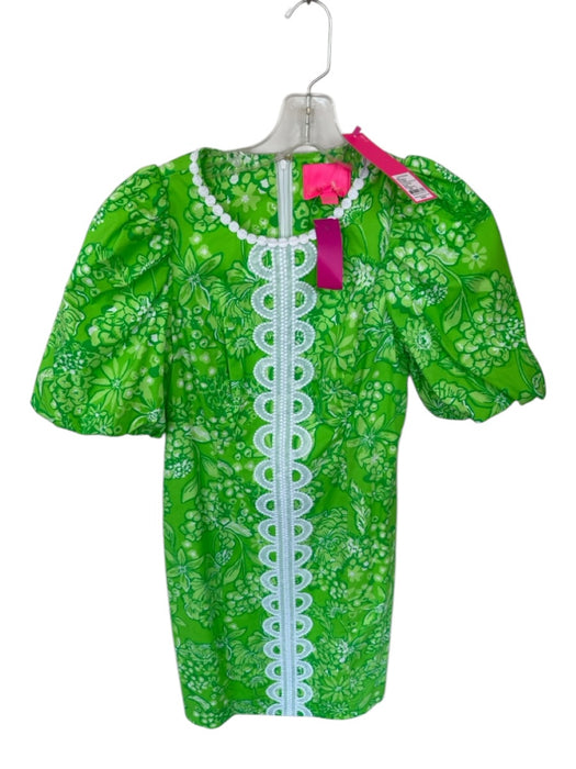 Lilly Pulitzer Size 4 Green Cotton Blend Puff Sleeves Floral White Trim Dress Green / 4