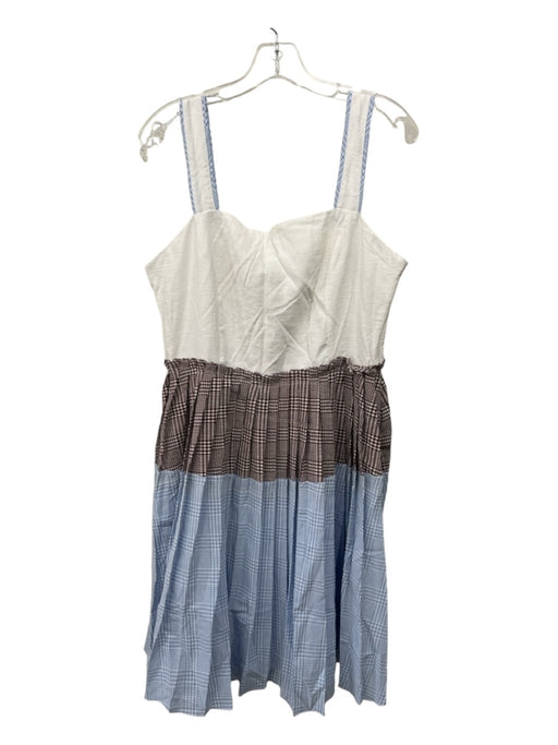 Gili Size L White, Brown & Blue Poly Blend Pleated Gingham Square Neck Dress White, Brown & Blue / L