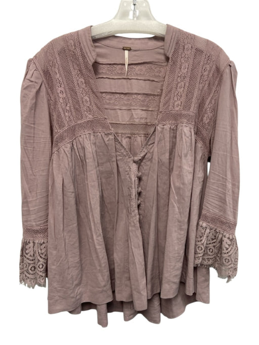 Free People Size M Dusty Purple Viscose Blend 3/4 Sleeve Lace Detail V Neck Top Dusty Purple / M