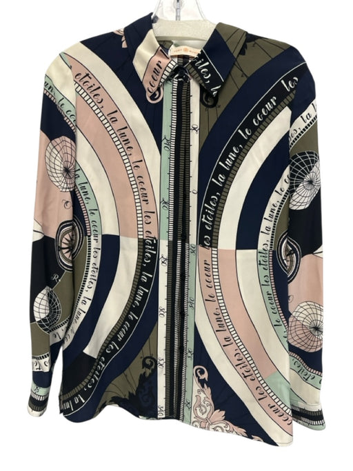 Tory Burch Size 6 Blue, Pink & White Silk Compass Print Long Sleeve Shirt Top Blue, Pink & White / 6