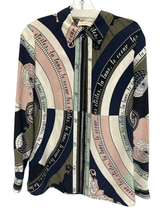 Tory Burch Size 6 Blue, Pink & White Silk Compass Print Long Sleeve Shirt Top Blue, Pink & White / 6