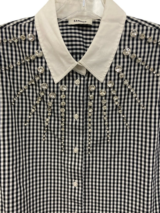 Sandro Size 3 Black & White Cotton Gingham Crystal Embellished Long Sleeve Top Black & White / 3
