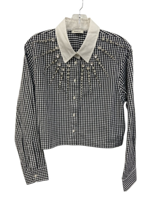 Sandro Size 3 Black & White Cotton Gingham Crystal Embellished Long Sleeve Top Black & White / 3