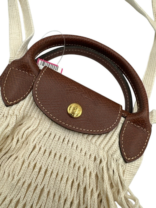 Longchamp Cream White & Brown Cotton & Leather Snap Button Closure Mesh Tote Bag Cream White & Brown / L