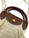 Longchamp Cream White & Brown Cotton & Leather Snap Button Closure Mesh Tote Bag Cream White & Brown / L