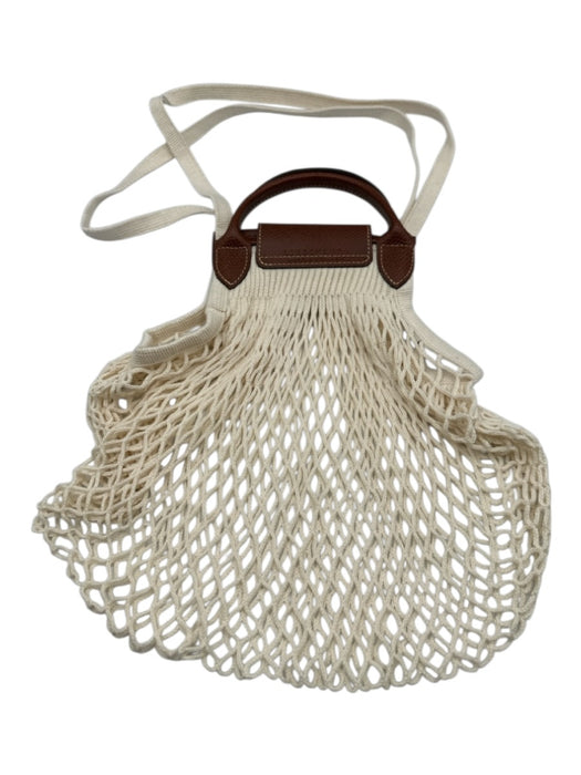 Longchamp Cream White & Brown Cotton & Leather Snap Button Closure Mesh Tote Bag Cream White & Brown / L