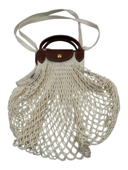Longchamp Cream White & Brown Cotton & Leather Snap Button Closure Mesh Tote Bag Cream White & Brown / L