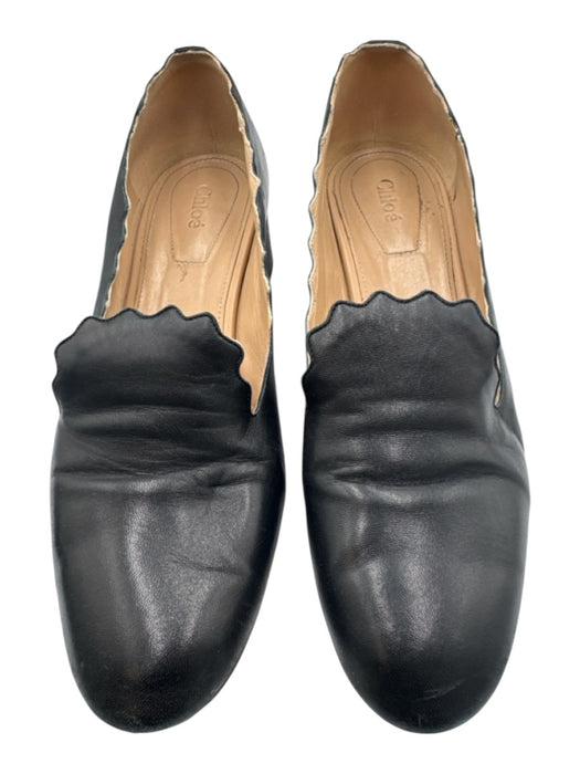Chloe Shoe Size 40 Black Leather Round Toe Scalloped Block heel Pumps Black / 40