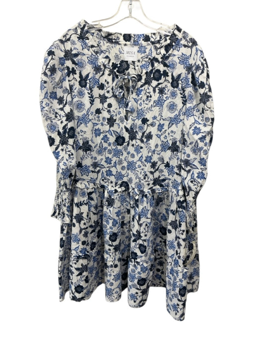 Misa Size S White & Blue Rayon & Cotton floral print Long Sleeve Tiered Dress White & Blue / S