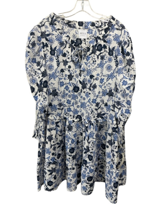 Misa Size S White & Blue Rayon & Cotton floral print Long Sleeve Tiered Dress White & Blue / S
