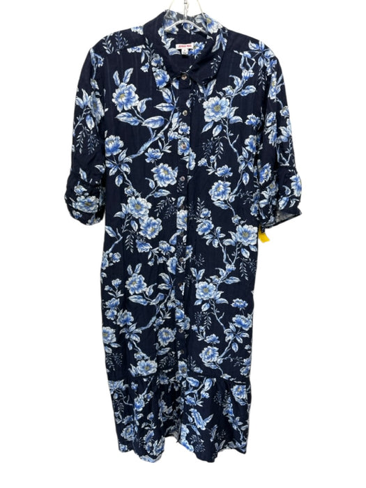 Johnny Was Size M Navy Blue & White floral print Collar Button Front Dress Navy Blue & White / M