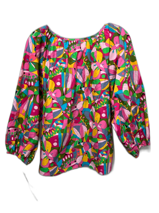 Flora Bea Size M Multi Color Cotton 3/4 Puff Sleeve abstract shapes V Neck Top Multi Color / M