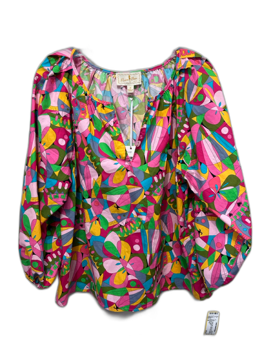 Flora Bea Size M Multi Color Cotton 3/4 Puff Sleeve abstract shapes V Neck Top Multi Color / M