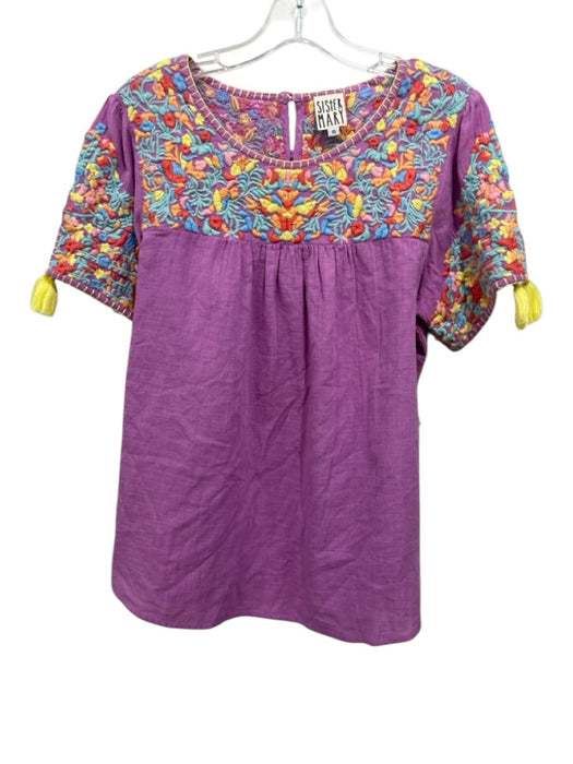 Sister Mary Size S Purple & Multi Cotton Embroidered Short Sleeve Tassel Top Purple & Multi / S