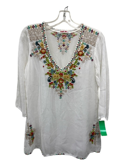 Johnny Was Size XS White & Multi Rayon Floral Embroidered Wide Neck Top White & Multi / XS