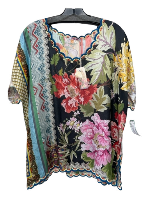 Johnny Was Size XS Black & Multi Silk Scallop Detail Floral Short Sleeve Top Black & Multi / XS