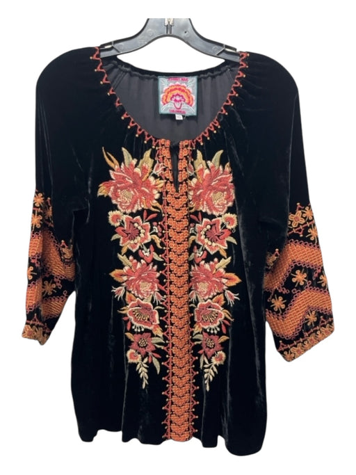 Johnny Was Size XS Black & Multi Rayon Blend Floral Embroidered Keyhole Top Black & Multi / XS