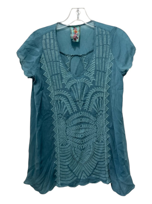 Johnny Was Size XS Seafoam Blue Rayon Embroidered Scoop Neck Cap Sleeve Top Seafoam Blue / XS