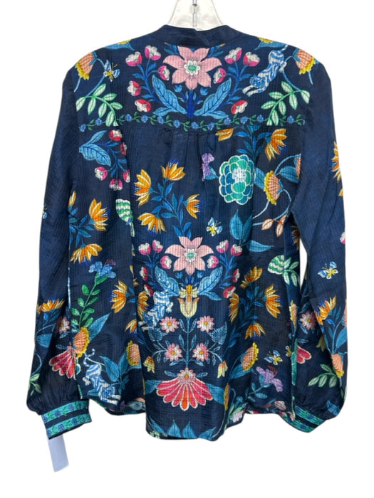 Johnny Was Size XS navy blue & multi Silk & Linen Long Sleeve Floral Top navy blue & multi / XS