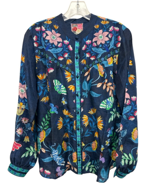 Johnny Was Size XS navy blue & multi Silk & Linen Long Sleeve Floral Top navy blue & multi / XS