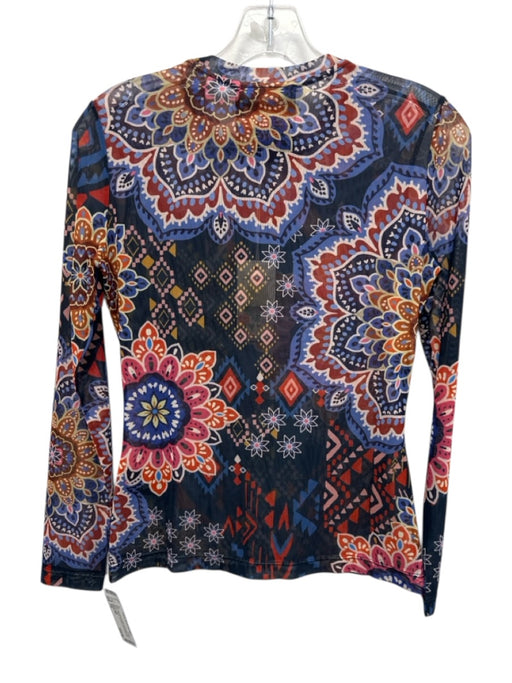 Johnny Was Size PS navy blue & multi Polyester Long Sleeve Sheer Top navy blue & multi / PS