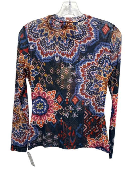 Johnny Was Size PS navy blue & multi Polyester Long Sleeve Sheer Top navy blue & multi / PS
