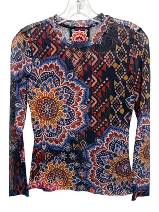 Johnny Was Size PS navy blue & multi Polyester Long Sleeve Sheer Top navy blue & multi / PS
