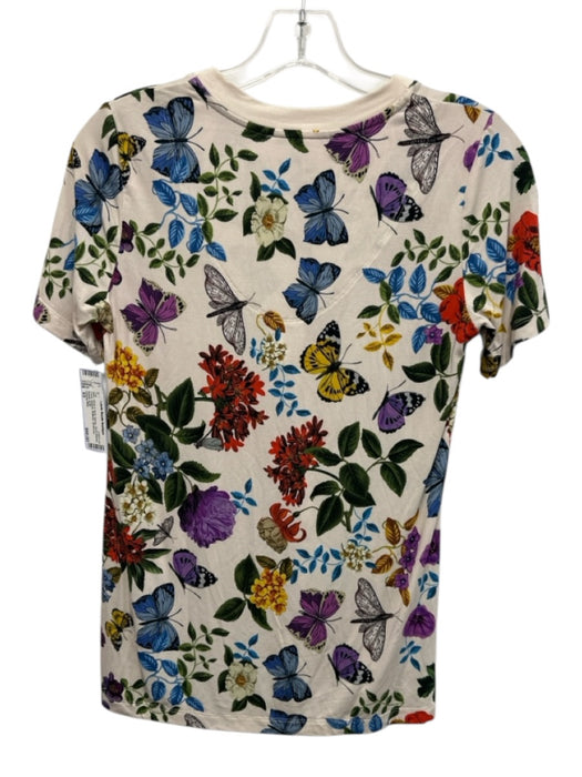 Johnny Was Size XS White & Multi Rayon Short Sleeve Floral Buttons Butterfly Top White & Multi / XS