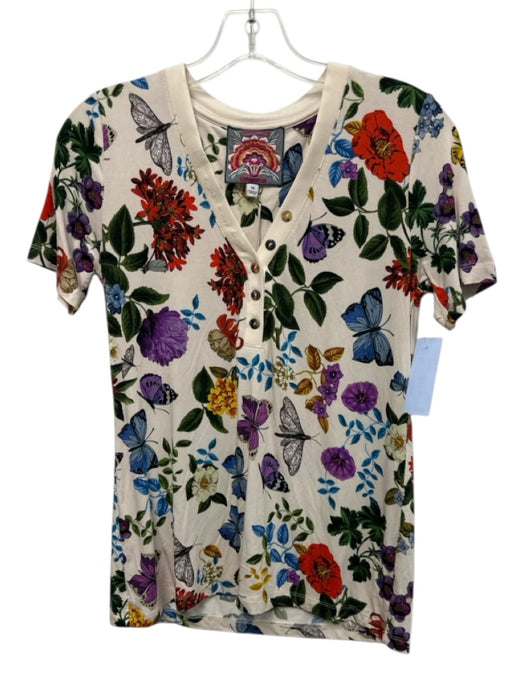 Johnny Was Size XS White & Multi Rayon Short Sleeve Floral Buttons Butterfly Top White & Multi / XS