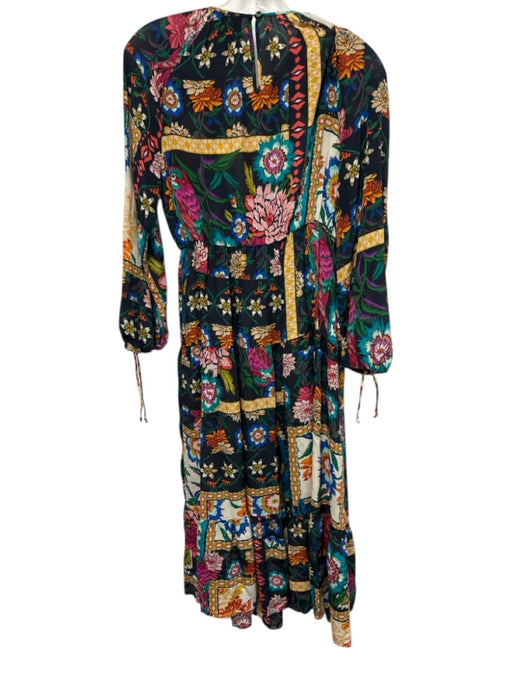 Johnny Was Size XS Navy & Multi Silk Long Sleeve Floral Midi Pleats Dress Navy & Multi / XS
