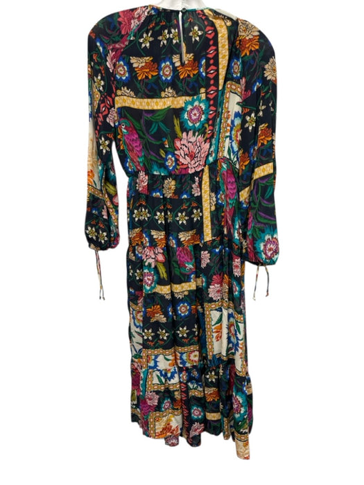 Johnny Was Size XS Navy & Multi Silk Long Sleeve Floral Midi Pleats Dress Navy & Multi / XS