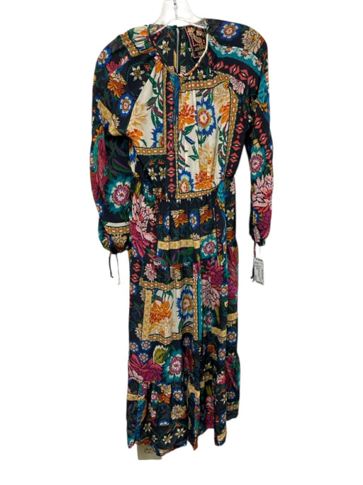 Johnny Was Size XS Navy & Multi Silk Long Sleeve Floral Midi Pleats Dress Navy & Multi / XS