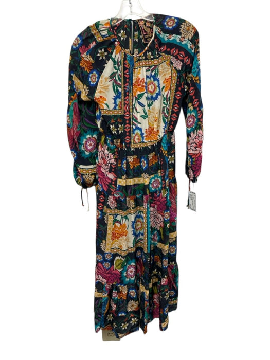 Johnny Was Size XS Navy & Multi Silk Long Sleeve Floral Midi Pleats Dress Navy & Multi / XS