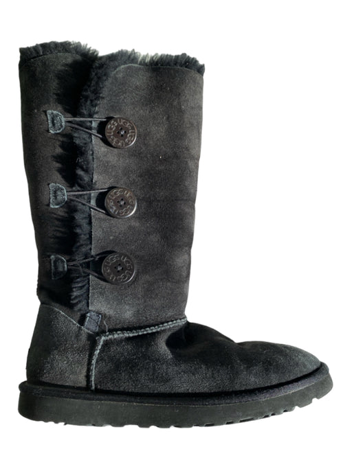 Ugg Shoe Size 9 Black Suede Fleece Lining Button Detail Calf High Boots Black / 9