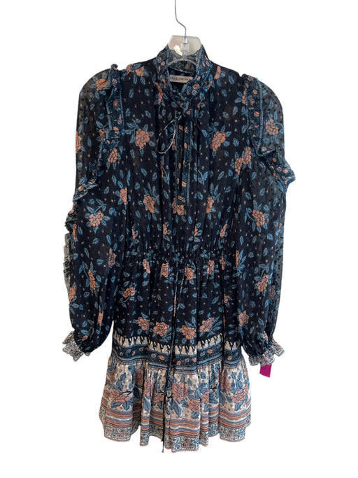 Ulla Johnson Size 2 Blue & Multi Silk Blend V Neck Floral Sheer Dress Blue & Multi / 2