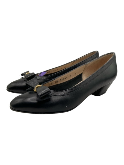 Salvatore Ferragamo Shoe Size 8 Black Leather Bow Almond Toe Kitten Heel Pumps Black / 8