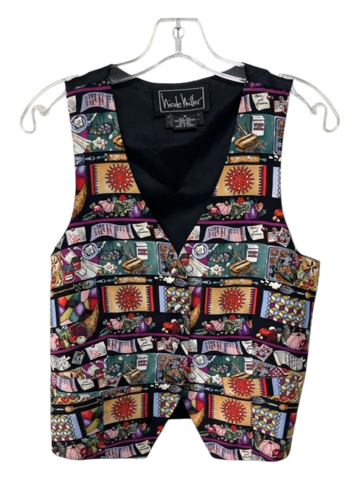 Nicole Miller Size M Red, Black & Multi Silk Print Block Button Up Vest Vest Red, Black & Multi / M