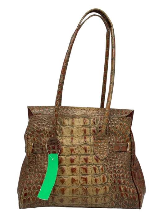 Clarita Handmade Brown & Tan Leather Croc Silver Hardware Flap shoulder bag Bag Brown & Tan / Small