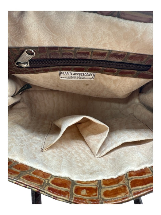 Clarita Handmade Brown & Tan Leather Croc Silver Hardware Flap shoulder bag Bag Brown & Tan / Small