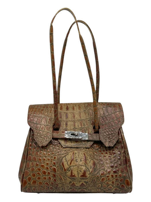 Clarita Handmade Brown & Tan Leather Croc Silver Hardware Flap shoulder bag Bag Brown & Tan / Small