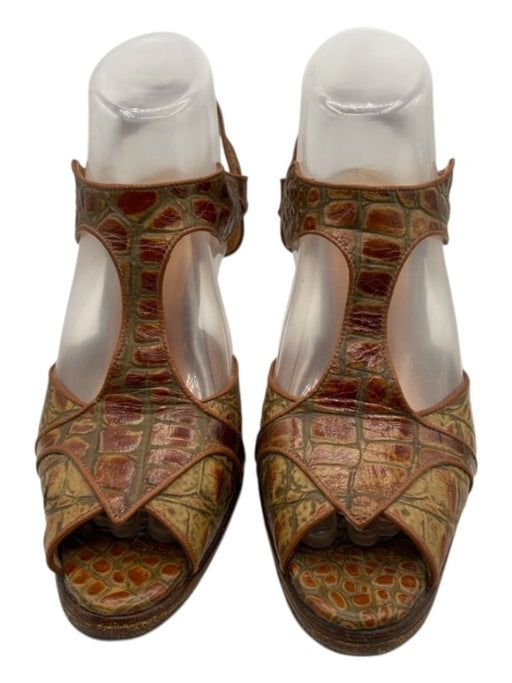 Clarita Handmade Shoe Size 8 Brown & Green Leather Croc Slingback T Strap Pumps Brown & Green / 8