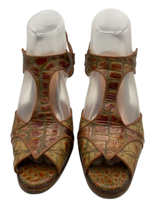 Clarita Handmade Shoe Size 8 Brown & Green Leather Croc Slingback T Strap Pumps Brown & Green / 8