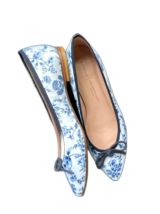 Margaux Shoe Size 37.5 White & Blue Sateen Botanical Bow Pointed Toe Flats White & Blue / 37.5