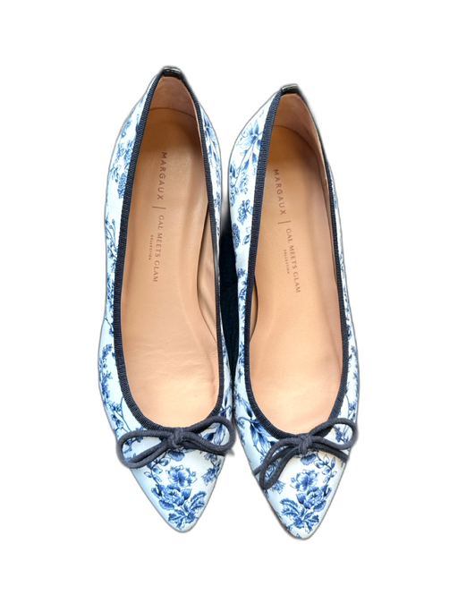 Margaux Shoe Size 37.5 White & Blue Sateen Botanical Bow Pointed Toe Flats White & Blue / 37.5